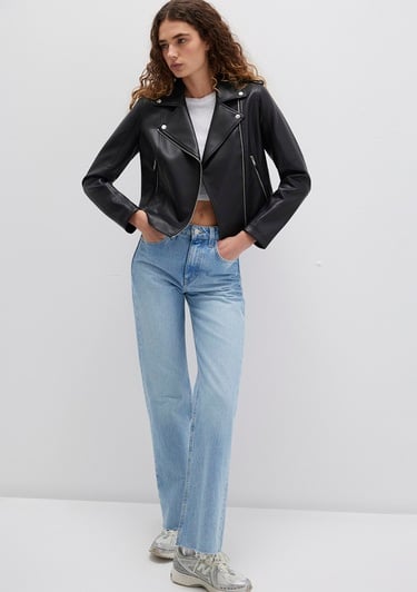  Mavi Biker Yaka Siyah Suni Deri Ceket Fitted / Vücuda Oturan Kesim 1110221-900