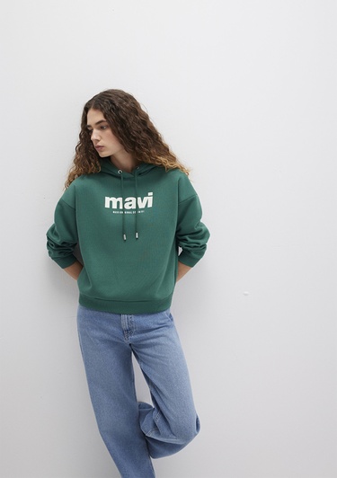  Mavi Mavi Logo Baskılı Kapüşonlu Yeşil Sweatshirt 168334-71874