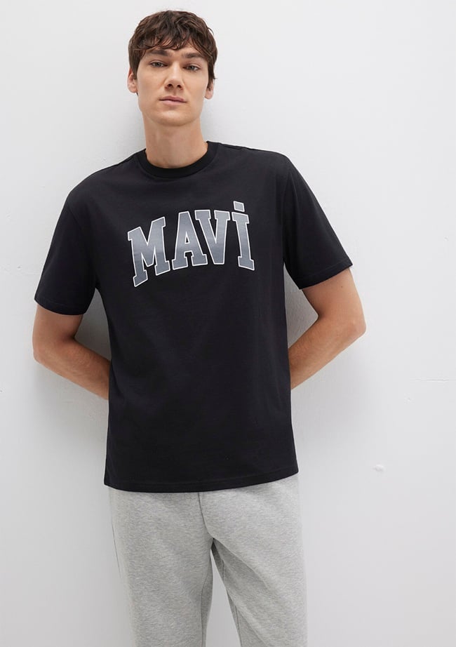  Mavi Mavi Logo Baskılı Siyah Tişört Loose Fit / Bol Rahat Kesim 0611711-900