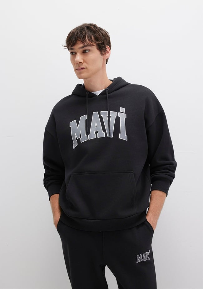  Mavi Mavi Logo Baskılı Kapüşonlu Siyah Sweatshirt 067149-902