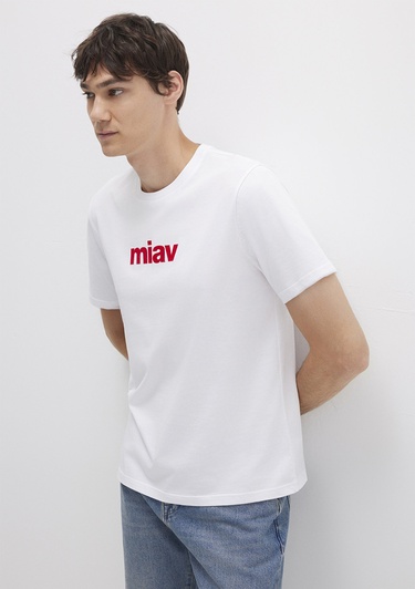  Mavi Kırmızı Miav Baskılı Beyaz Tişört Regular Fit / Normal Kesim 067153-622