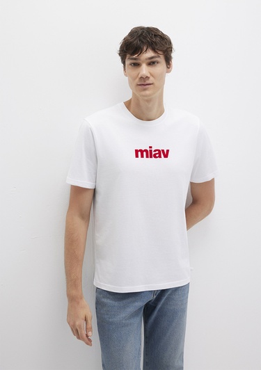  Mavi Kırmızı Miav Baskılı Beyaz Tişört Regular Fit / Normal Kesim 067153-622