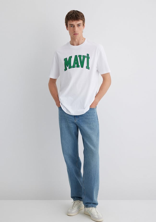  Mavi Mavi Logo Baskılı Beyaz Tişört Loose Fit / Bol Rahat Kesim 0611711-620