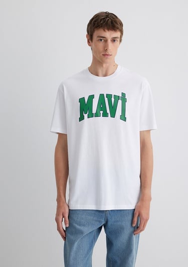  Mavi Mavi Logo Baskılı Beyaz Tişört Loose Fit / Bol Rahat Kesim 0611711-620