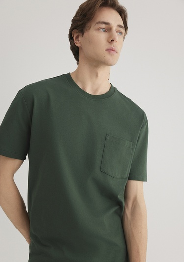  Mavi Cep Detaylı Yeşil Basic Tişört Loose Fit / Bol Rahat Kesim 066248-81570