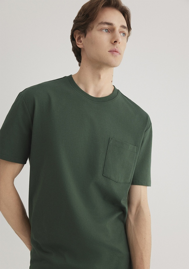  Mavi Cep Detaylı Yeşil Basic Tişört Loose Fit / Bol Rahat Kesim 066248-81570