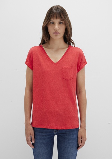  Mavi V Yaka Kırmızı Basic Tişört Loose Fit / Bol Rahat Kesim 1600961-71083