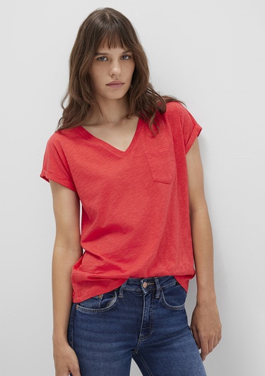  Mavi V Yaka Kırmızı Basic Tişört Loose Fit / Bol Rahat Kesim 1600961-71083