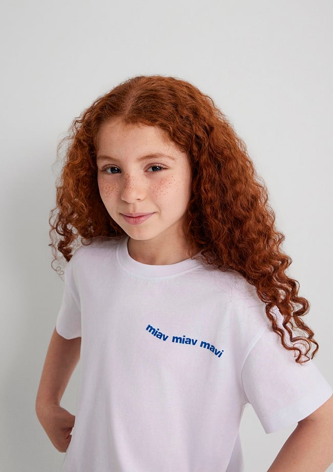  Mavi Miav Baskılı Beyaz Crop Çocuk Tişört Regular Fit / Normal Kesim 7610180-620