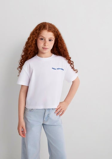  Mavi Miav Baskılı Beyaz Crop Çocuk Tişört Regular Fit / Normal Kesim 7610180-620