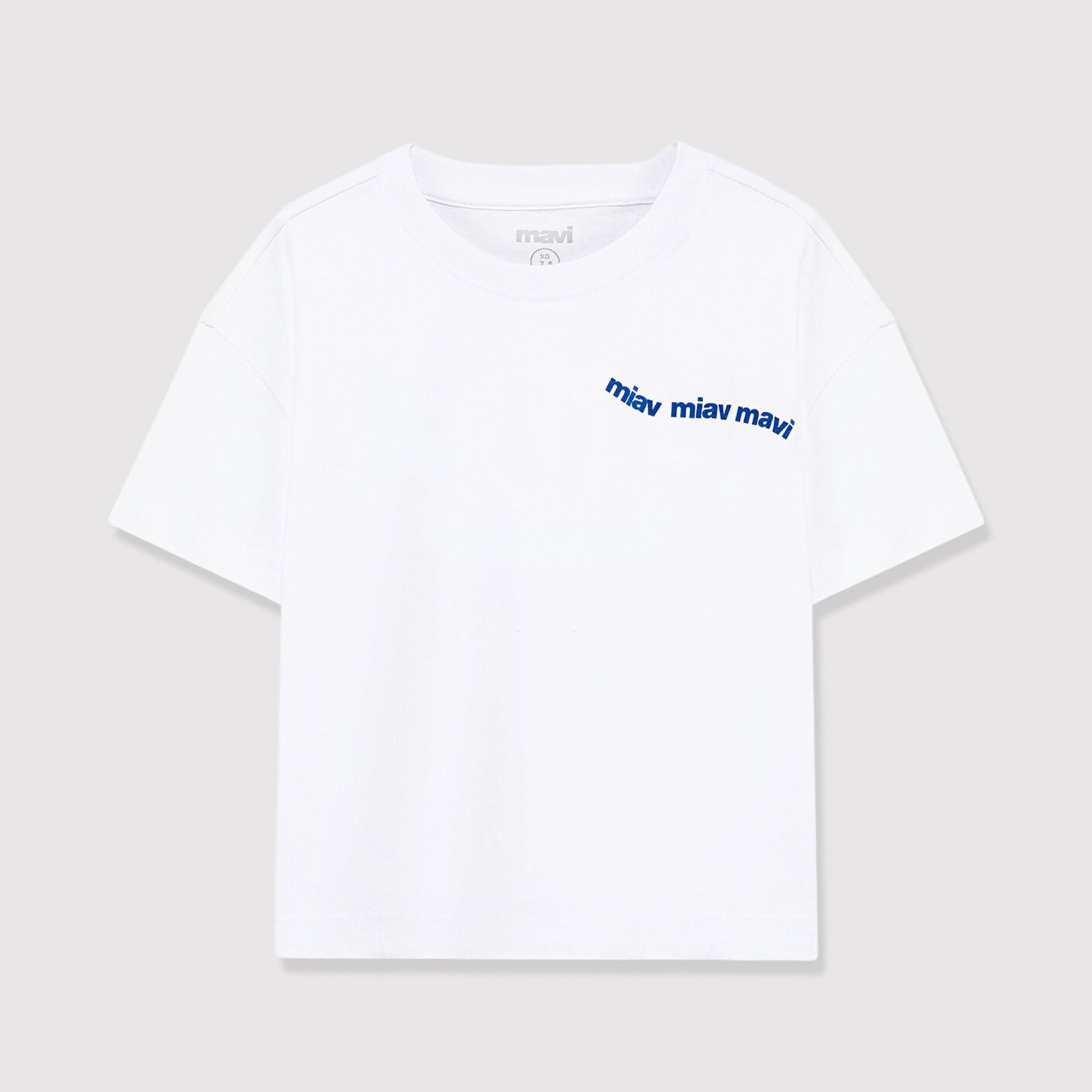 Mavi Miav Baskılı Beyaz Crop Çocuk Tişört Regular Fit / Normal Kesim 7610180-620