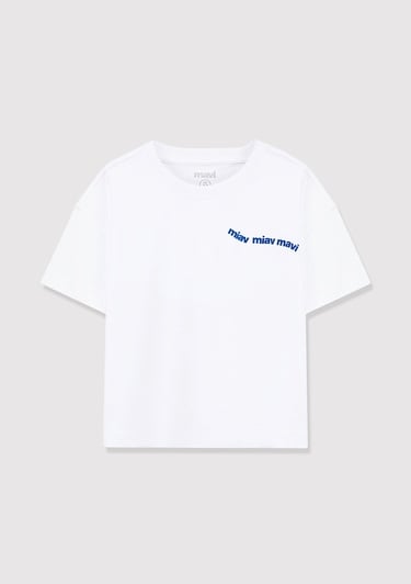  Mavi Miav Baskılı Beyaz Crop Çocuk Tişört Regular Fit / Normal Kesim 7610180-620