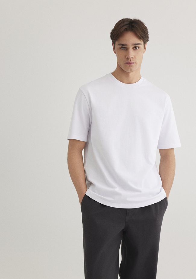  Mavi Logo Kol Detaylı Beyaz Basic Tişört Loose Fit / Bol Rahat Kesim 0611924-620