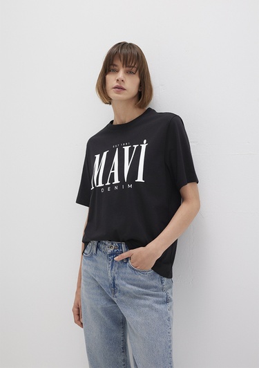  Mavi Mavi Logo Baskılı Siyah Tişört Regular Fit / Normal Kesim 1611990-900