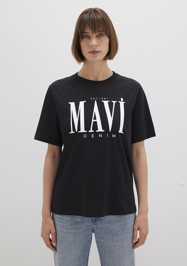  Mavi Mavi Logo Baskılı Siyah Tişört Regular Fit / Normal Kesim 1611990-900