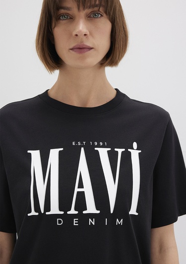  Mavi Mavi Logo Baskılı Siyah Tişört Regular Fit / Normal Kesim 1611990-900
