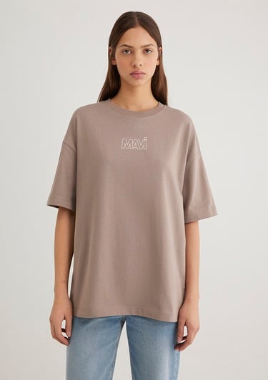  Mavi Mavi Logo Baskılı Bej Tişört Oversize / Geniş Kesim 1611592-70364