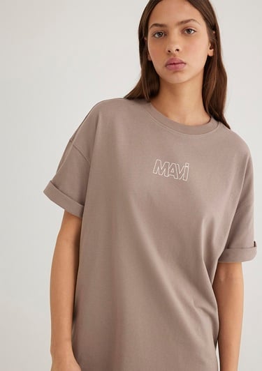  Mavi Mavi Logo Baskılı Bej Tişört Oversize / Geniş Kesim 1611592-70364