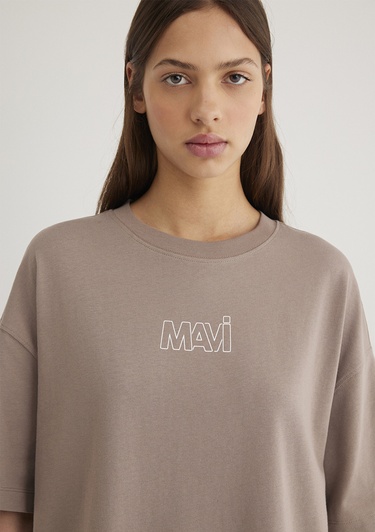  Mavi Mavi Logo Baskılı Bej Tişört Oversize / Geniş Kesim 1611592-70364