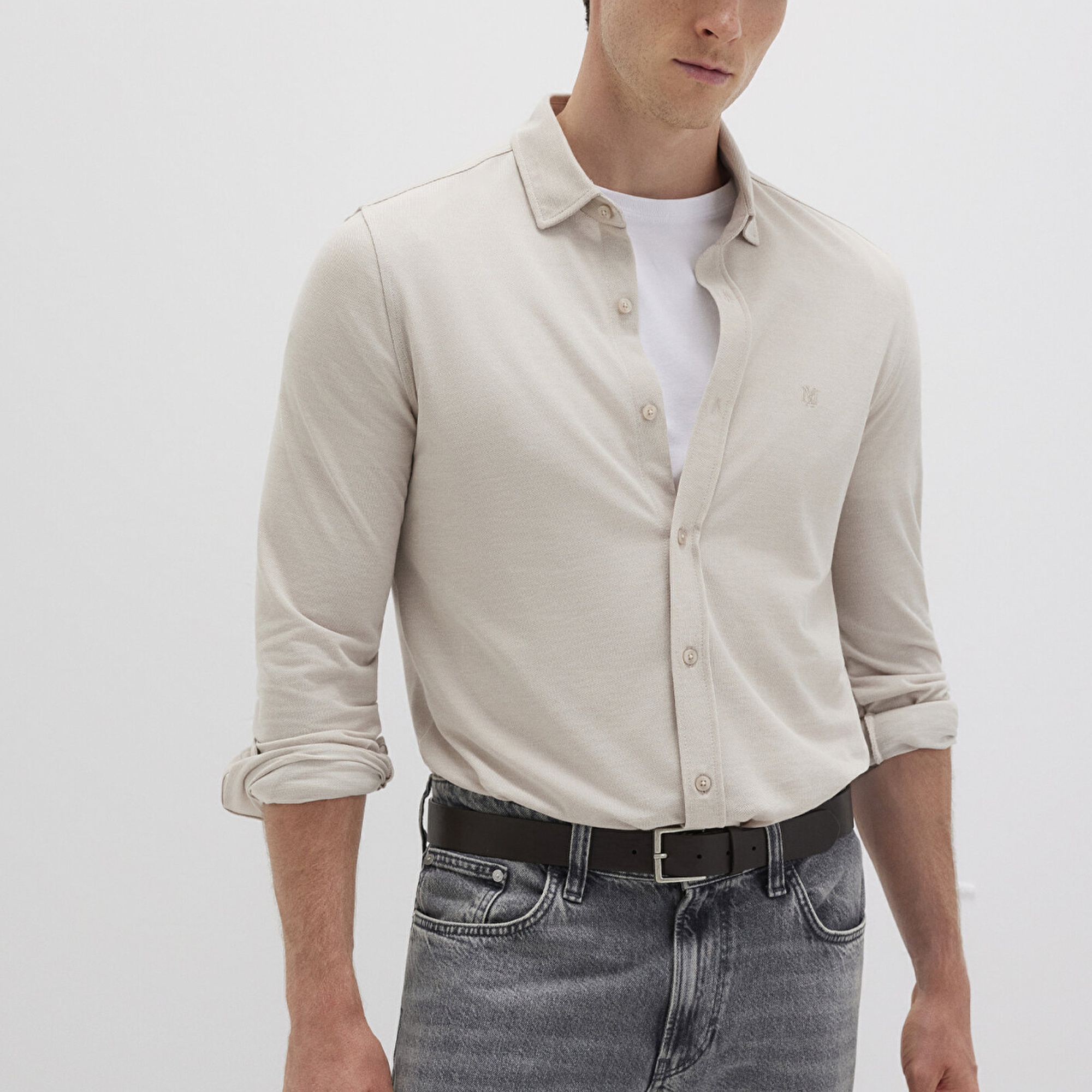 Mavi Bej Örme Gömlek Fitted / Vücuda Oturan Kesim 0210294-70145