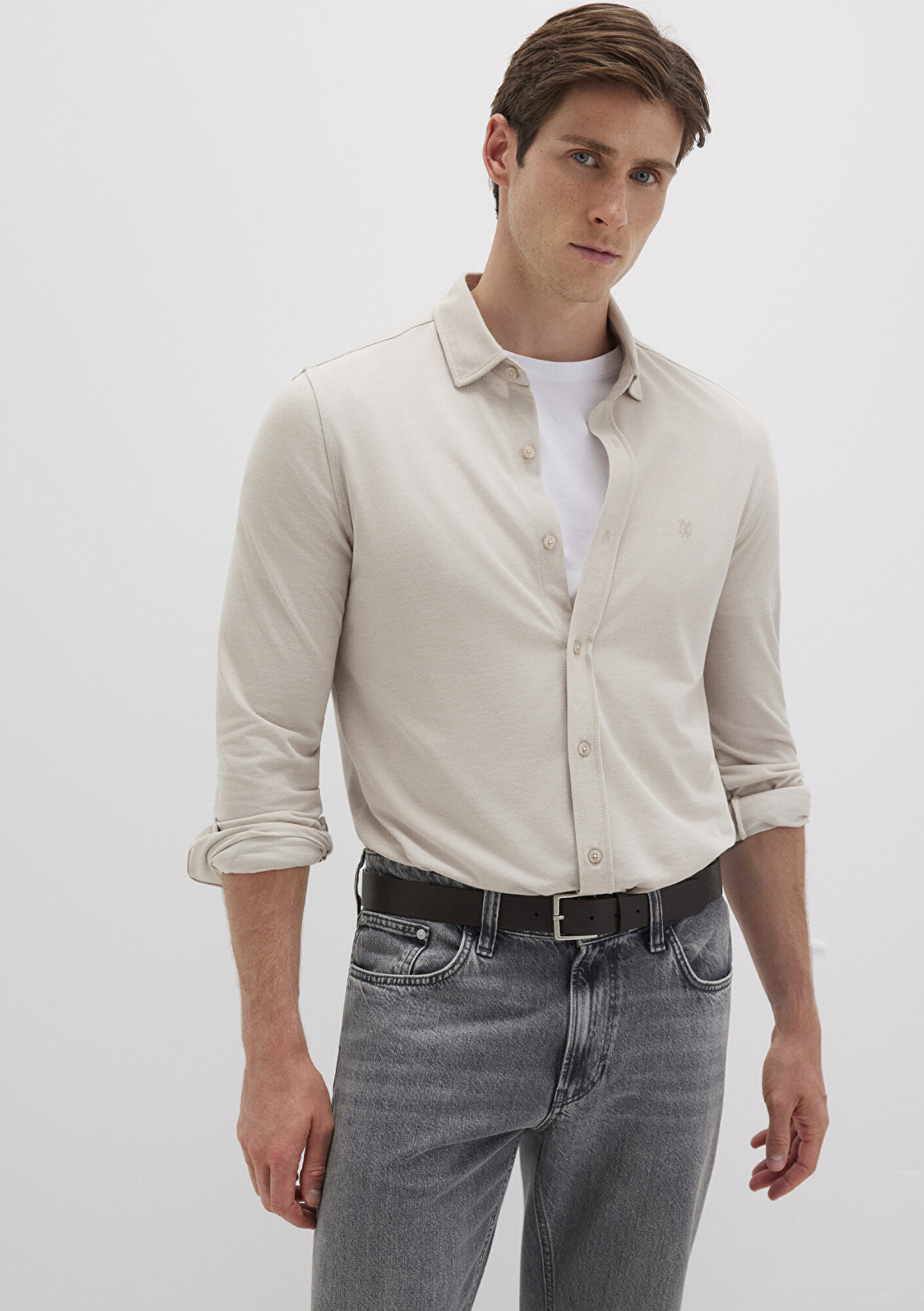  Mavi Bej Örme Gömlek Fitted / Vücuda Oturan Kesim 0210294-70145