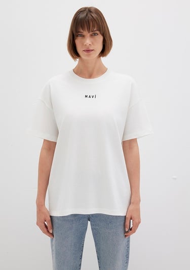  Mavi Mavi Logo Baskılı Beyaz Tişört Loose Fit / Bol Rahat Kesim 1612518-70057