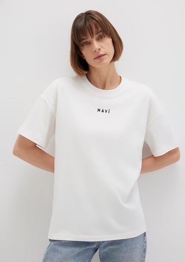  Mavi Mavi Logo Baskılı Beyaz Tişört Loose Fit / Bol Rahat Kesim 1612518-70057