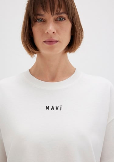  Mavi Mavi Logo Baskılı Beyaz Tişört Loose Fit / Bol Rahat Kesim 1612518-70057