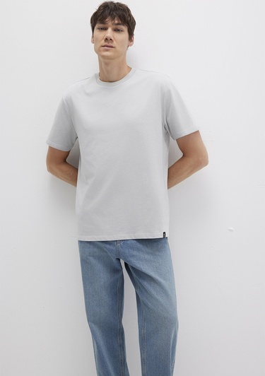  Mavi Etiket Detaylı Gri Basic Tişört Loose Fit / Bol Rahat Kesim 0611824-70075