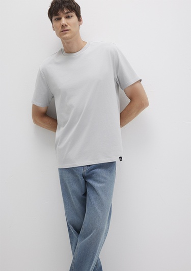  Mavi Etiket Detaylı Gri Basic Tişört Loose Fit / Bol Rahat Kesim 0611824-70075