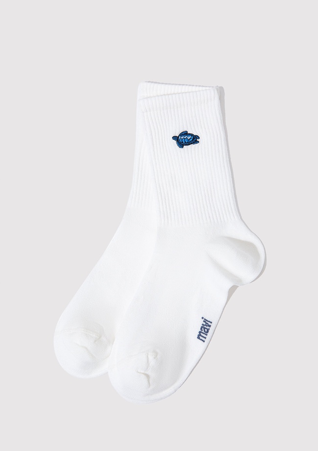  Mavi Kaplumbağa Nakışlı Beyaz Soket Çorap 1912444-620