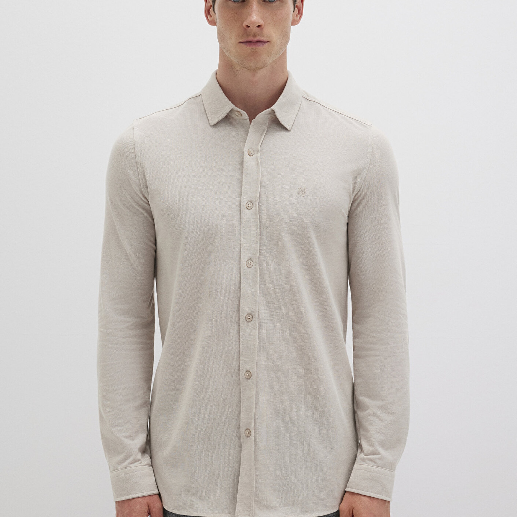 Mavi Bej Örme Gömlek Fitted / Vücuda Oturan Kesim 0210294-70145