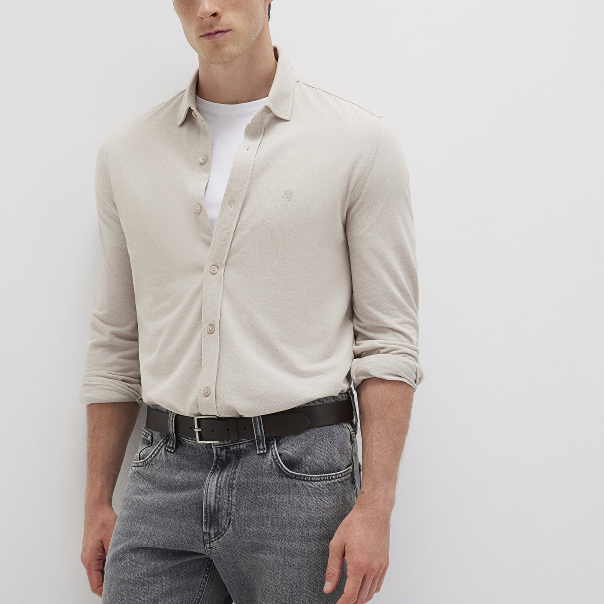 Mavi Bej Örme Gömlek Fitted / Vücuda Oturan Kesim 0210294-70145