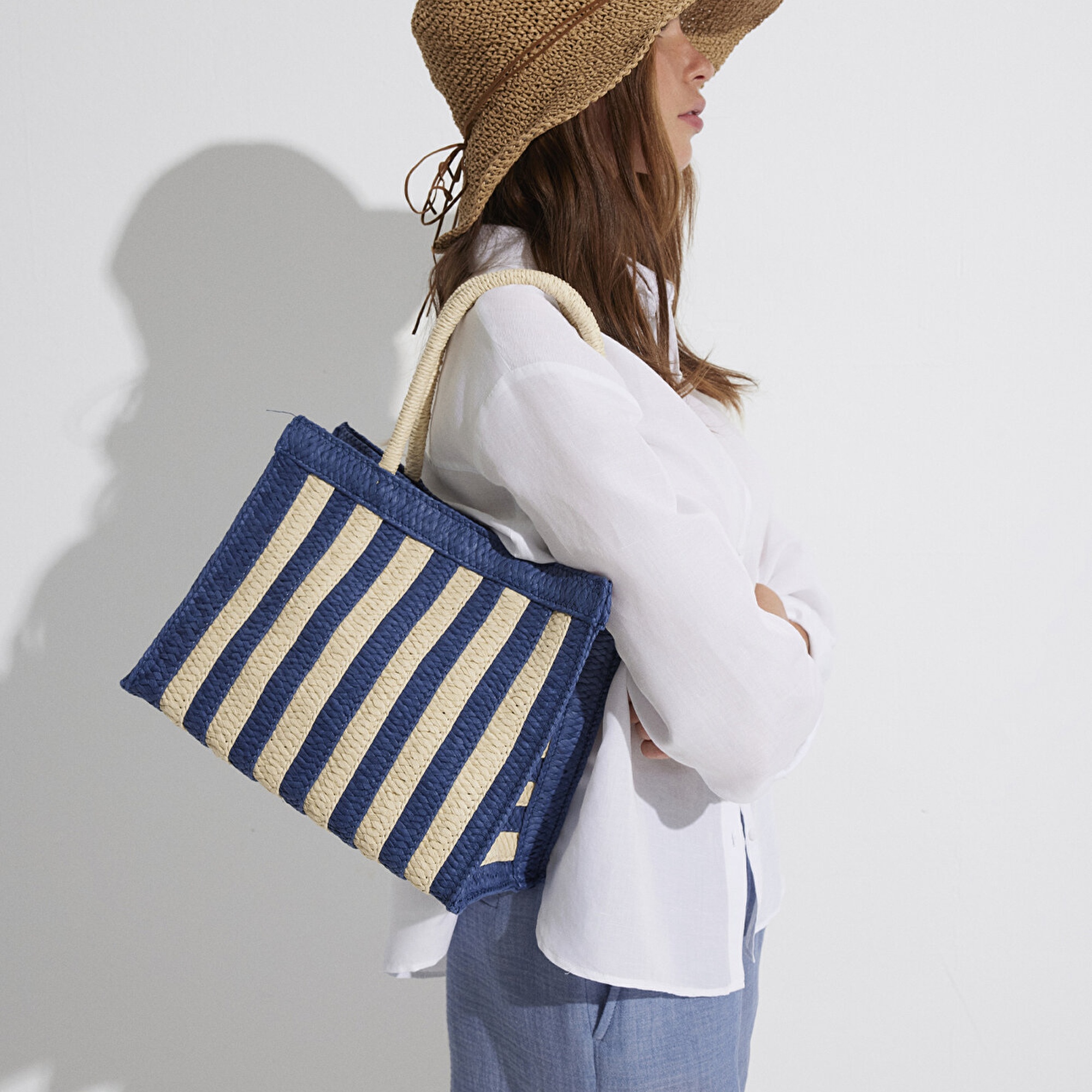 Mavi Lacivert Çizgili Hasır Tote Çanta 1912103-30717