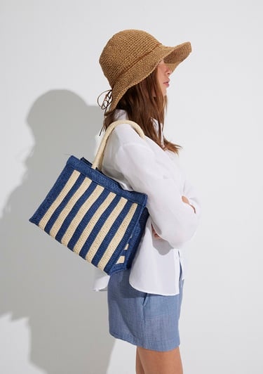  Mavi Lacivert Çizgili Hasır Tote Çanta 1912103-30717