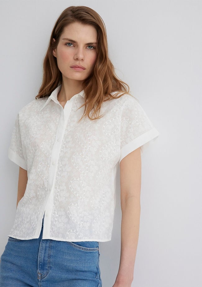  Mavi Nakış Detaylı Ekru Gömlek Regular Fit / Normal Kesim 1210740-70057