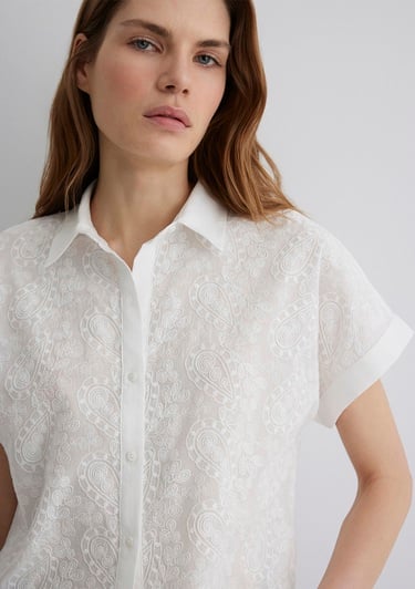  Mavi Nakış Detaylı Ekru Gömlek Regular Fit / Normal Kesim 1210740-70057