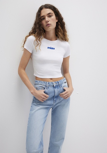  Mavi Miav Baskılı Beyaz Crop Tişört Crop / Kısa Kesim 1612453-620