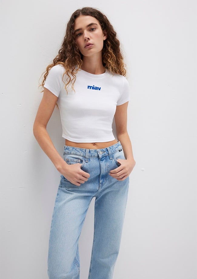  Mavi Miav Baskılı Beyaz Crop Tişört Crop / Kısa Kesim 1612453-620