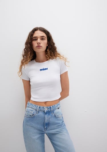  Mavi Miav Baskılı Beyaz Crop Tişört Crop / Kısa Kesim 1612453-620