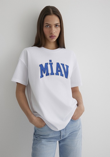 Mavi Miav Baskılı Beyaz Tişört Loose Fit / Bol Rahat Kesim 1612457-620