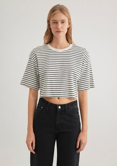  Mavi Çizgili Crop Tişört Crop / Kısa Kesim 1612700-85308