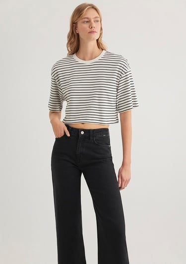  Mavi Çizgili Crop Tişört Crop / Kısa Kesim 1612700-85308