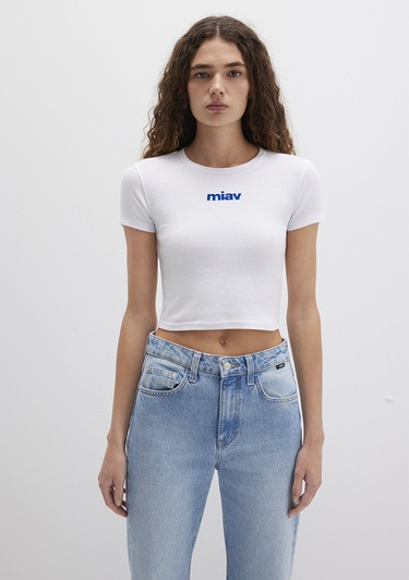  Mavi Miav Baskılı Beyaz Crop Tişört Crop / Kısa Kesim 1612453-620