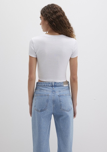  Mavi Miav Baskılı Beyaz Crop Tişört Crop / Kısa Kesim 1612453-620