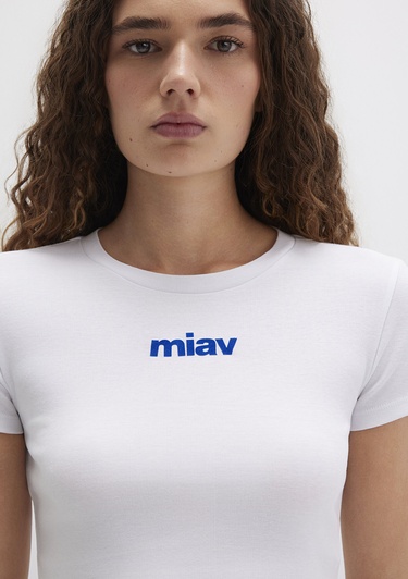  Mavi Miav Baskılı Beyaz Crop Tişört Crop / Kısa Kesim 1612453-620