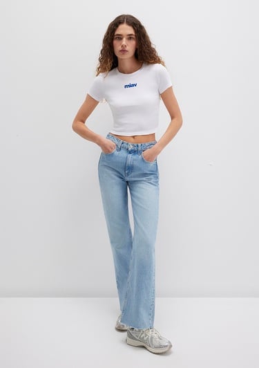  Mavi Miav Baskılı Beyaz Crop Tişört Crop / Kısa Kesim 1612453-620