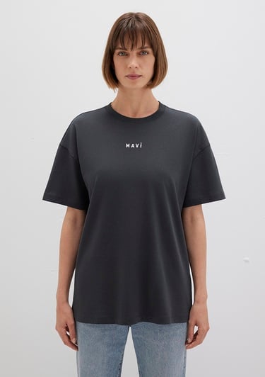  Mavi Mavi Logo Baskılı Antrasit Tişört Loose Fit / Bol Rahat Kesim 1612518-70087