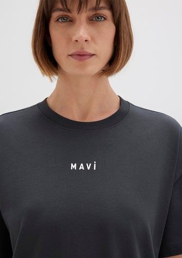  Mavi Mavi Logo Baskılı Antrasit Tişört Loose Fit / Bol Rahat Kesim 1612518-70087