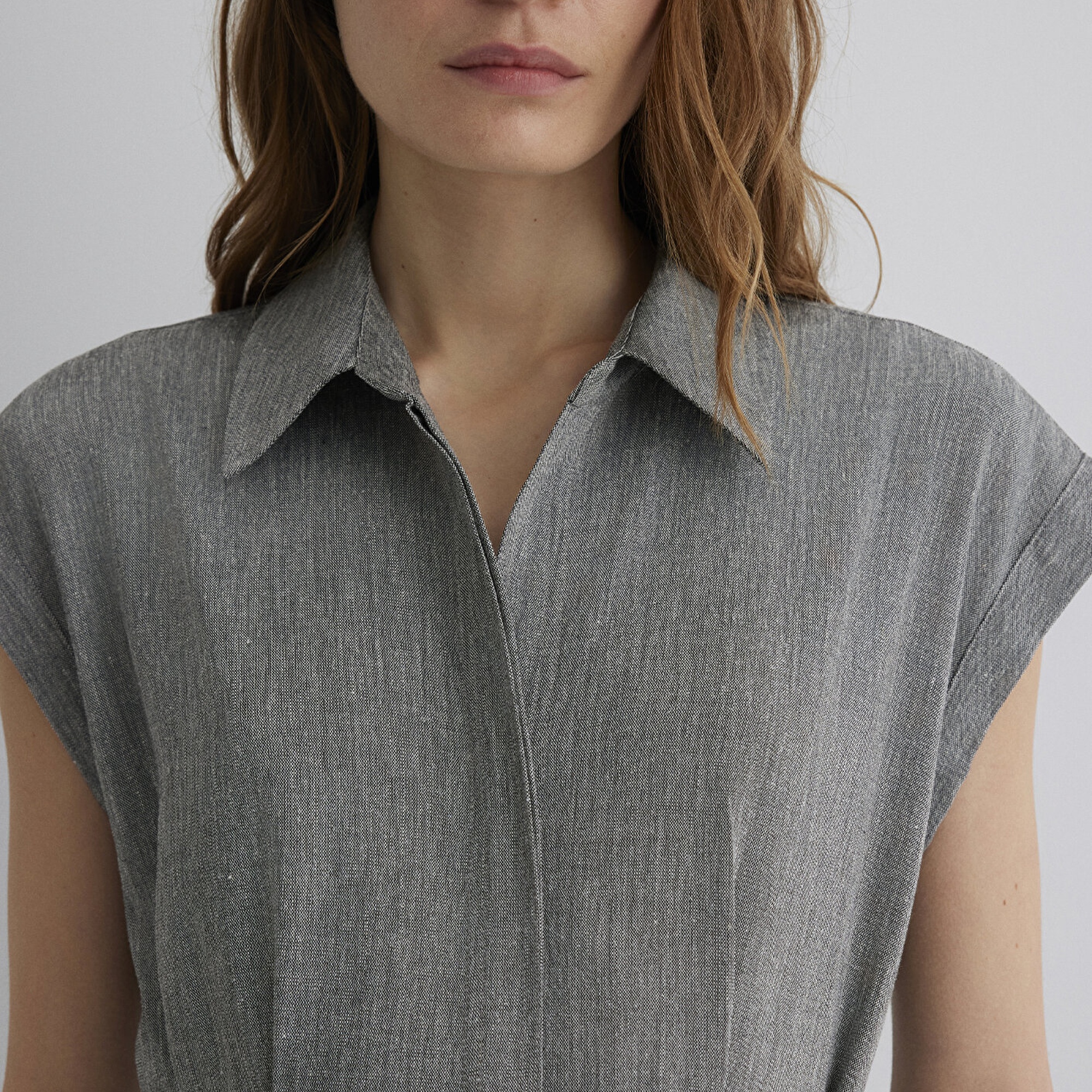 Mavi Keten Karışımlı Gri Elbise 1310510-87033